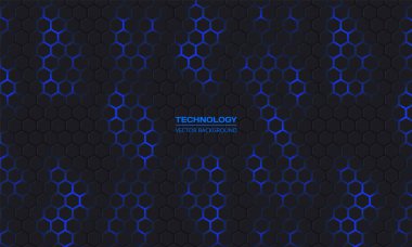 Karanlık altıgen teknoloji vektörü soyut arka plan. Modern karanlık teknoloji fütüristik arka plan illüstrasyonunda koyu mavi enerji altıgen altında yanıp sönüyor. Koyu bal peteği desen ızgarası.