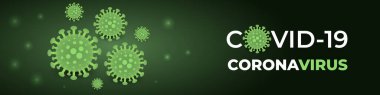Coronavirus enfeksiyonu covid-19, koyu yeşil bayrak. Koyu yeşil arkaplan koronalı virüs hücresi 2019-ncov virüsü. COVID-19 pandemik risk pankartı. Vektör illüstrasyonu.