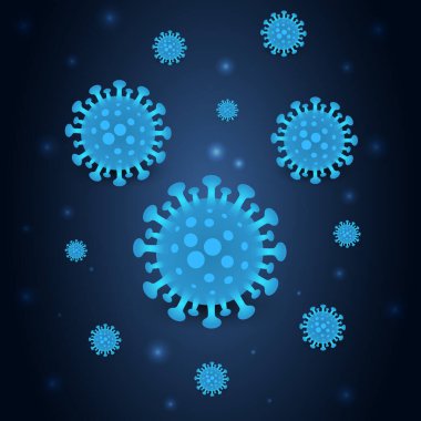 Covid-19 Coronavirus enfeksiyonu, koyu mavi tıbbi geçmiş. Karanlık vektör arkaplan koronası virüs hücresi 2019-ncov. Covid-19 pandemik tıbbi pankart. Soyut vektör illüstrasyonu.
