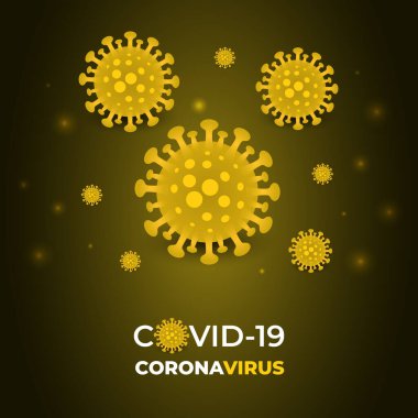 Coronavirus salgını, enfeksiyon hücresi covid-19. Corona virüsü koyu sarı vektör arka planı. Deve tıbbi pankartıyla 2019-Ncov virüsü. Virüs corona covid-19 hücreleri. Vektör İllüstrasyonu.