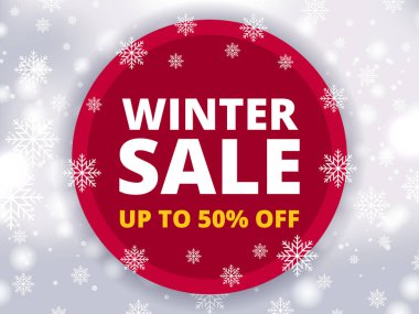 Kış indirimi 50 'ye kadar indirimli. Mevsimlik perakende tanıtım işi, etkinlik ve reklamcılık için modern arka plan.