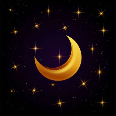 Yıldızlı gökyüzü, altın ay, hilal, ay ve yıldızlar, ayın çizimi, iyi geceler, gece gökyüzü, İslam, bayram, ramazan, parlayan yıldızlar,