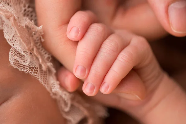 The hand and fingers of a newborn baby. Parents hold the fingers of their newborn baby with their hands. — Stock Photo, Image
