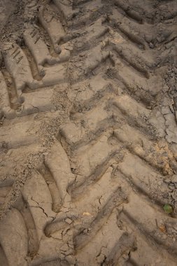 Büyük taşımacılıktan kumlu zeminde tekerlek izleri, inşaat alanında traktör, kumlu yol.