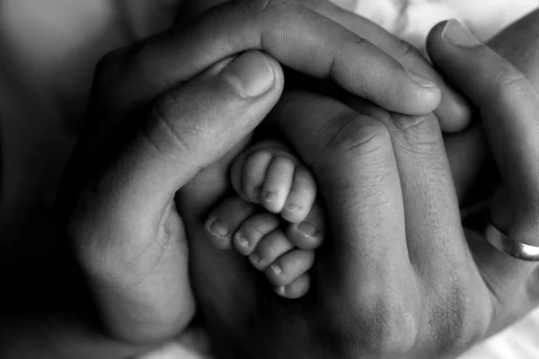 Πατέρες που φροντίζουν τα χέρια κρατούν τα μικρά πόδια του νεογέννητου σε μαύρο φόντο, ασπρόμαυρη φωτογραφία — Φωτογραφία Αρχείου