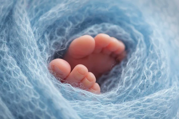 Piernas y dedos de los pies de un recién nacido en una manta azul suave —  Fotos de Stock