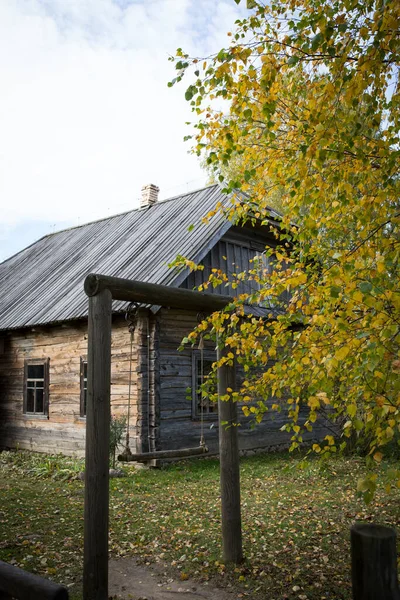 Ölü bir köyde terk edilmiş ahşap bir ev. Altın sonbahar. Eski kırsal mimari. — Stok fotoğraf