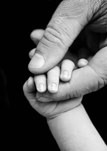 A newborn child holds with his hand, fingers the hand, the fingers of a parent, father or mother. Black and white photo. — Stock Photo, Image