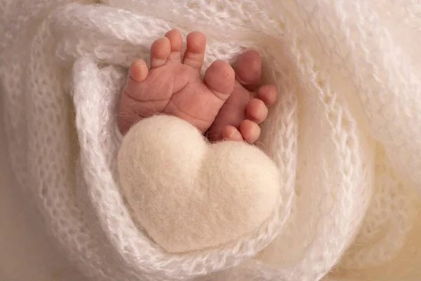 The tiny foot of a newborn baby. Soft feet of a new born in a white wool blanket — Stock Photo, Image