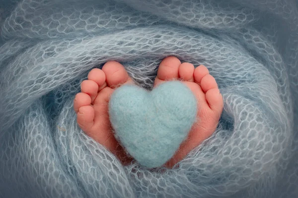 Malá noha novorozence. Měkké nohy novorozence v modré přikrývce. Detailní záběr na prsty, podpatky a nohy novorozence. Upletené modré srdce na nohách miminka. Fotografování maker studia. — Stock fotografie