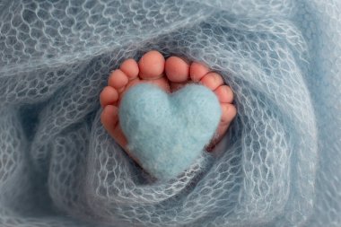 Yeni doğmuş bir bebeğin küçük ayağı. Mavi battaniyeli yeni doğmuş bir bebeğin yumuşak ayakları. Ayak parmakları, topuklar ve yeni doğmuş bir bebeğin ayakları. Bir bebeğin bacaklarında örülmüş mavi kalp. Stüdyo makro fotoğrafçılık.