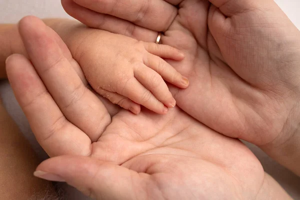 La palma de un bebé recién nacido en las palmas de los padres. El primer plano de la mano pequeña del niño y las palmas de la madre y el padre. Concepto de crianza, cuidado infantil y cuidado de la salud. — Foto de Stock