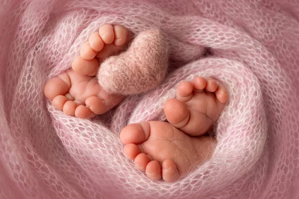 Pies de gemelos recién nacidos. Dos pares de pies de bebé en una manta de punto rosa. Corazón de punto rosa. Cerca - dedos de los pies, tacones y pies de un recién nacido. Hermanos recién nacidos, hermanas. Estudio macro fotografía —  Fotos de Stock