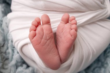 The tiny foot of a newborn. Soft feet of a newborn in a white blanket and on a blue background. Close up of toes, heels and feet of a newborn baby. Studio Macro photography. Womans happiness. 
