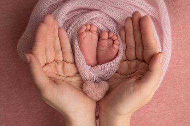 The palms of the father, the mother are holding the foot of the newborn baby in a pink blanket. Feet of the newborn on the palms of the parents. Photography of a childs toes, heels and feet.