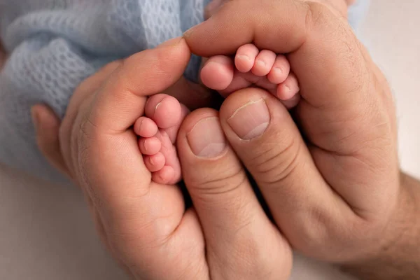 Las palmas del padre, la madre están sosteniendo el pie del bebé recién nacido en una manta azul. Los pies del recién nacido en las palmas de las manos de los padres. Fotografía de un niño dedos de los pies, tacones y pies. — Foto de Stock