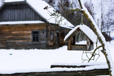 Ağaçtaki ahşap kuş yemi. Rus kışı manzarası. Karla kaplı terk edilmiş bir köy. Ahşap ahşap evler. Doğayla ve kuşlarla ilgilenme kavramı..