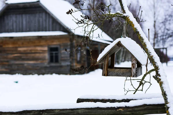 Houten vogelvoeder op een boom. Winter Russisch landschap. Verlaten dorp bedekt met sneeuw. Houten blokhutten. Het concept van zorg voor natuur en vogels. — Stockfoto