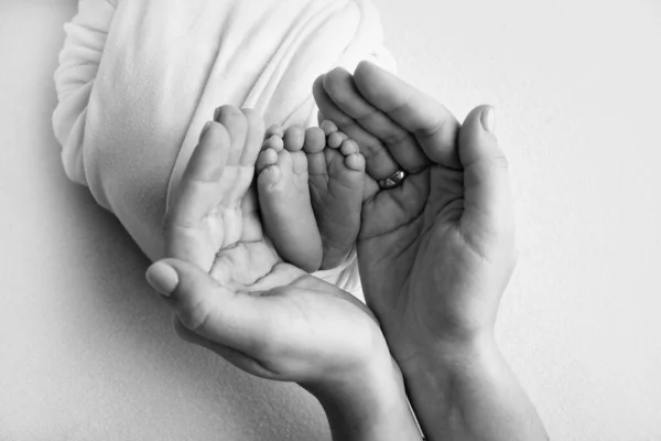 The palms of the father, the mother are holding the foot of the newborn baby. Feet of the newborn on the palms of the parents. Photography of a childs toes, heels and feet. Black and white photo. — Stock Photo, Image