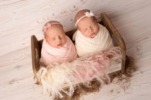 Drobná novorozená dvojčata v bílém a růžovém kokonu v roztomilé dřevěné postýlce na pozadí starých vinobraných bílých prken. Novorozená dvojčata s bílými a růžovými čelenkami s luky. — Stock fotografie