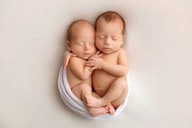 Tiny newborn twins boys in white cocoons on a white background. A newborn twin sleeps next to his brother. Newborn two twins boys hugging each other.Professional studio photography