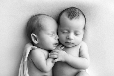 Tiny newborn twins boys in white cocoons on a white background. A newborn twin sleeps next to his brother. Newborn two twins boys hugging each other.Professional black and white studio photography. 