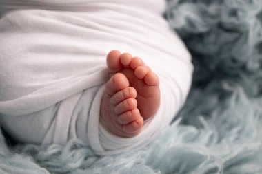 The tiny foot of a newborn. Soft feet of a newborn in a white blanket and on a blue background. Close up of toes, heels and feet of a newborn baby. Studio Macro photography. Womans happiness. 