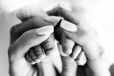 Childrens legs in the hands of mother, father, parents. Feet of a tiny newborn close up. Mom and her child. Happy family concept. Beautiful concept image of motherhood stock photo.