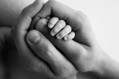 A newborn holds on to moms, dads finger. Hands of parents and baby close up. A child trusts and holds her tight. Tiny fingers of a newborn. Black and white macrophoto. Concepts of family and love. 
