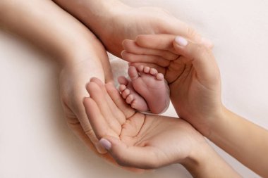 Childrens foot in the hands of mother, father, parents. Feet of a tiny newborn close up. Little baby legs. Mom and her child. Happy family concept. Beautiful concept image of motherhood stock photo. 