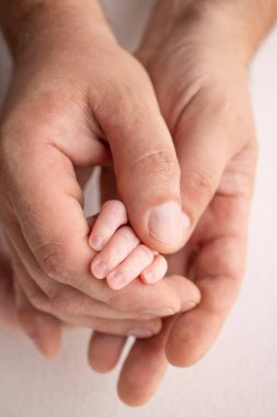 The hand of a sleeping newborn in the hand of parents, mother and father close-up. Tiny fingers of a newborn. The family is holding hands. Studio macro photography. Concepts of family and love. 