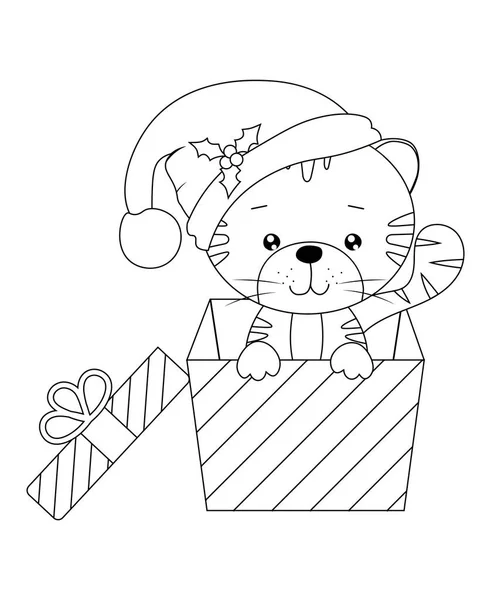 Coloring Page Little Cute Tiger Cub Gift Box Santa Cap — Stock Photo, Image