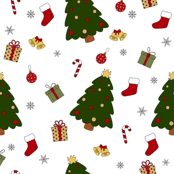 Cute Nand Drawn Christmas Elements Seamless Pattern Christmas Tree Socks — Stock Vector