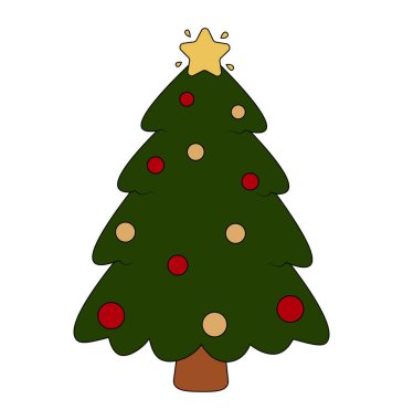 Süslemeli şirin noel ağacı yeşili silueti, beyaz arka planda izole edilmiş vektör çizimi, tasarım şablonu, tebrik kartı, davetiye.