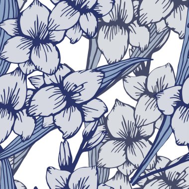 Mavi gladiolus çiçekleri şeffaf arkaplan deseninde izole edilmiş. Elle çizilmiş çiçek desensiz vektör çizimi. Tekstil, kağıt ve hediye paketi için harika..