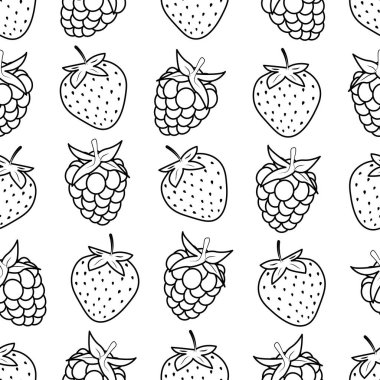 Beyaz arka planda siyah beyaz çilek ve ahududu desenleri. Kızların kumaş, tekstil veya ambalaj kağıdı için vektör illüstrasyonu.
