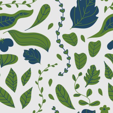 El çizimi şirin, soyut tropikal yapraklar ve çiçek dizaynı kusursuz desen. Kumaş ve tekstil için vektör illüstrasyonu.