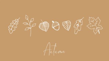 Kahverengi arka planda el çizimi sanat sonbahar yaprakları. Kusursuz yatay desen. Pankart tasarımı için karalama biçiminde vektör illüstrasyonu. 