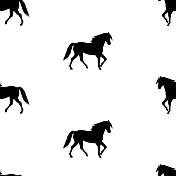 Beyaz arka planda siyah yürüyen at siluetleri olan kusursuz bir desen. Bebek için vektör çizimi, çocuklar için tekstil, kumaş. EPS 10