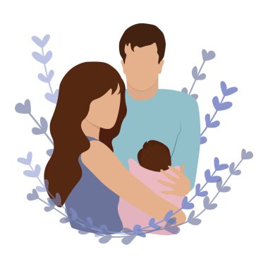 Mutlu yeni ebeveynler kucağında bebek. Genç anne ve baba, yeni doğmuş düz vektör çizimi. Bebek sahibi olmak, ebeveynlik, afiş için çocuk bakımı konsepti, web sitesi tasarımı veya iniş sayfası.