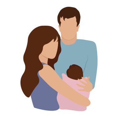 Mutlu yeni ebeveynler kucağında bebek. Genç anne ve baba, yeni doğmuş düz vektör çizimi. Bebek sahibi olmak, ebeveynlik, afiş için çocuk bakımı konsepti, web sitesi tasarımı veya iniş sayfası.