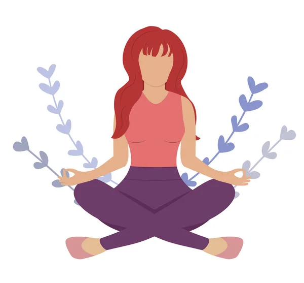 Woman with red hair meditating in heart shape leaves. Concept illustration for yoga, meditation, relax, recreation, healthy lifestyle. Vector illustration in flat cartoon style.