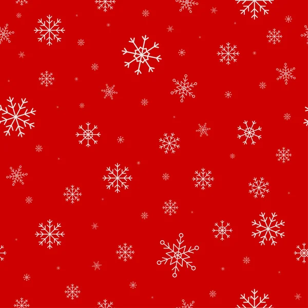 Kırmızı arkaplanda beyaz kar taneleri var. Noel 'de kar taneleri bembeyaz renklerle bokeh etkisine bürünür. Çizgi film düz stili.