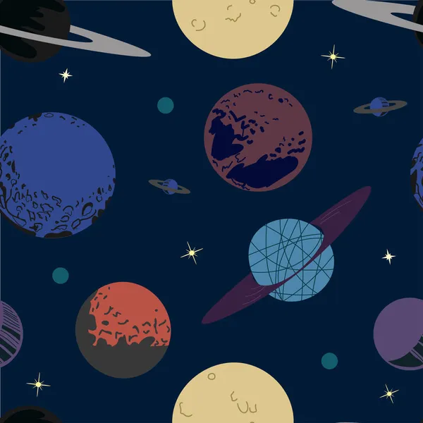 色シームレスな空間パターン 手描きの惑星 宇宙銀河テクスチャベクトルイラスト 宇宙探査 宇宙のシンボルテクスチャ カラフルな壁紙 宇宙テキスタイルデザイン — ストックベクタ