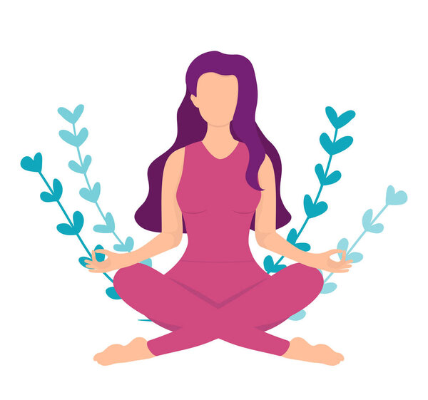 Woman meditating in heart shape leaves. Concept illustration for yoga, meditation, relax, recreation, healthy lifestyle. Vector illustration in flat cartoon style.