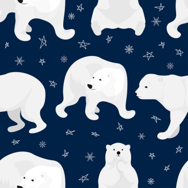 Karanlık arka planda kutup ayılı kusursuz desen, beyaz ayılı kış deseni, ambalaj kağıdı, desen dolguları, kış selamları, web sayfası geçmişi, Noel ve yeni yıl tebrik kartları..