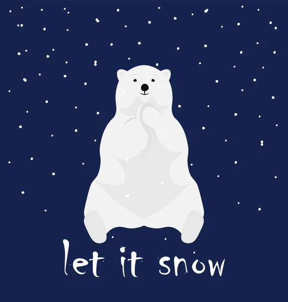 かわいい幸せなホッキョクグマ一人で座って拍手 雪のキャプション 冬への挨拶をしましょう 北極野生動物クローズアップ漫画の描画 平面漫画風のベクトルイラスト — ストックベクタ