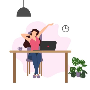 Genç kadın iş yerinde dinlenmek ve dinlenmek için evden ya da ofisten küçük egzersizler yapıyor. Gerginliği ve kas ağrısını gideriyor. Çizgi film tarzında vektör illüstrasyonu.