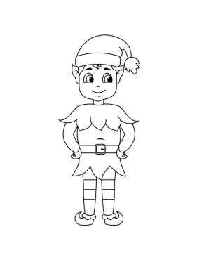 Sevimli ve mutlu Noel Elfi. Siyah beyaz Noel boyama sayfası.
