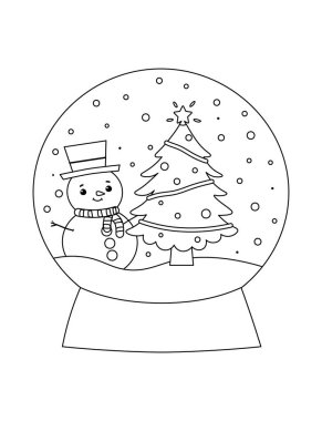 Kar küresindeki sevimli kardan adam ve Noel ağacı. Siyah beyaz Noel boyama sayfası. 